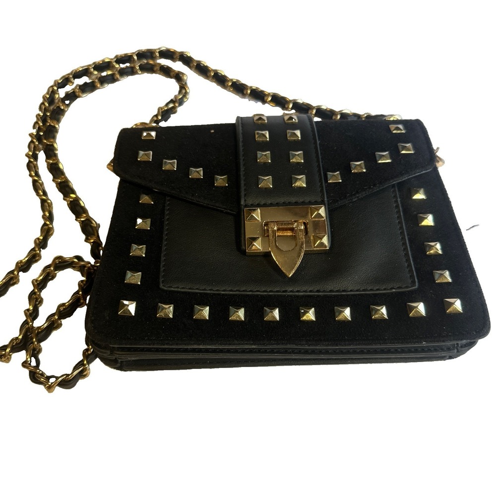 Women's MW Black Crossbody Bag Suede & Faux Leather with Chain Strap Small Purse